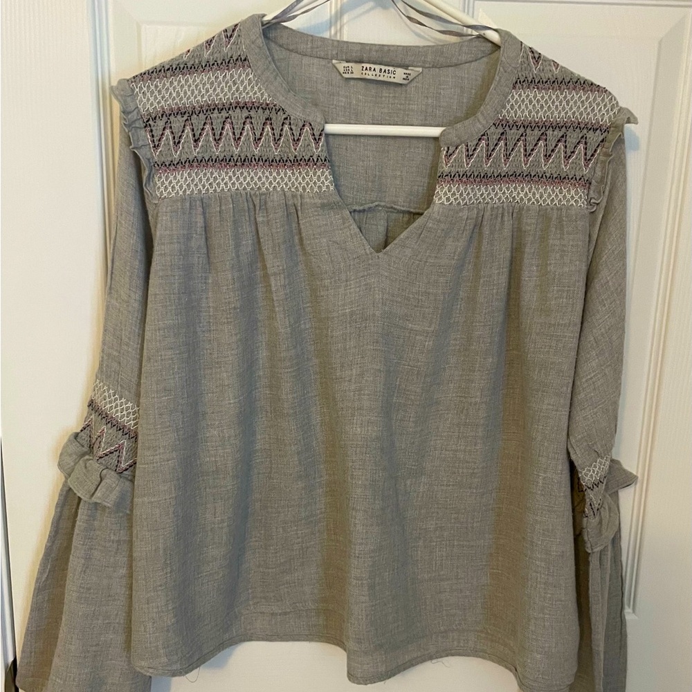 ZARA Basic Collection Top, Super Soft Cotton in Gray, Ruffles and Stitch Details